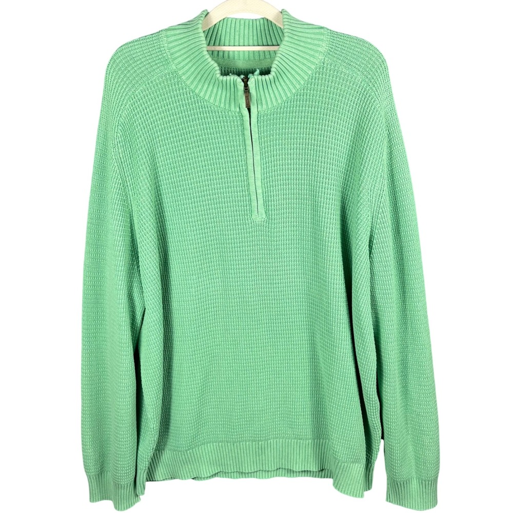 LL Bean Sunwashed 1/4 Zip Sweater Mens XXL Green Textured Cotton Waffle Knit